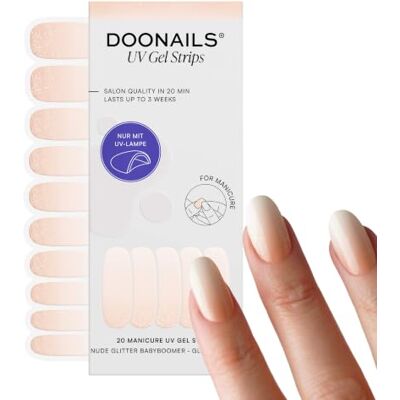 Doonails ® UV Gel Strips Nude Glitter Baby Boomer Nude-Ombré mit Glitzer – Nagelfolie UV härtend, 20 Strips für 2 Maniküren – Halt bis zu 14 Tage, HEMA-frei & vegan Doonails ® UV Gel Strips Nude Glitter Baby Boomer Nude-Ombré mit Glitzer – Nagelfolie UV härtend, 20 Strips für 2 Maniküren – Halt bis zu 14 Tage, HEMA-frei & vegan