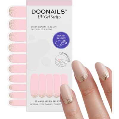Doonails ® UV Gel Strips Gold Glitter Ombre Nude mit Gold-Glitzer-Verlauf – Nagelfolie UV härtend, 20 Strips für 2 Maniküren – Halt bis zu 14 Tage, HEMA-frei & vegan Doonails ® UV Gel Strips Gold Glitter Ombre Nude mit Gold-Glitzer-Verlauf – Nagelfolie UV härtend, 20 Strips für 2 Maniküren – Halt bis zu 14 Tage, HEMA-frei & vegan