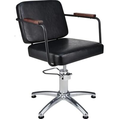 Ayala Friseurstuhl ENZO schwarz hydraulisch drehbar, PAKTA-Fuß Gleiter Hub 13 cm mit Arretierung, Tragkraft 200 kg, Armlehnen aus Metall und Holz, dichter Schaumstoff, 60 × 63 × 48 cm Ayala Friseurstuhl ENZO schwarz hydraulisch drehbar, PAKTA-Fuß Gleiter Hub 13 cm mit Arretierung, Tragkraft 200 kg, Armlehnen aus Metall und Holz, dichter Schaumstoff, 60 × 63 × 48 cm