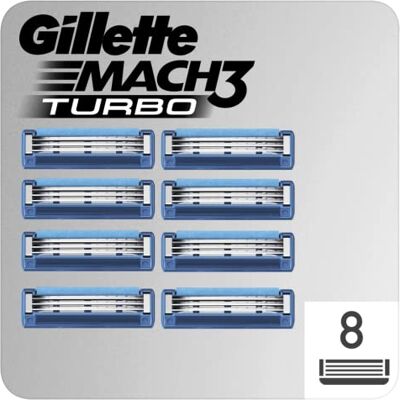Gillette Mach3 Turbo-Ersatzklinge für Herrenrasierer, entworfen mit Präzisionsschnittstahl, für eine lange Lebensdauer von 15 Rasierern mit Blatt 8 Gillette Mach3 Turbo-Ersatzklinge für Herrenrasierer, entworfen mit Präzisionsschnittstahl, für eine lange Lebensdauer von 15 Rasierern mit Blatt 8