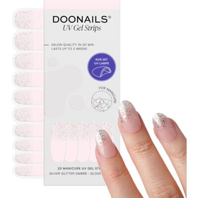 Doonails ® UV Gel Strips Silver Glitter Ombre Nude mit Silber-Glitzer-Verlauf – Nagelfolie UV härtend, 20 Strips für 2 Maniküren – Halt bis zu 14 Tage, HEMA-frei & vegan Doonails ® UV Gel Strips Silver Glitter Ombre Nude mit Silber-Glitzer-Verlauf – Nagelfolie UV härtend, 20 Strips für 2 Maniküren – Halt bis zu 14 Tage, HEMA-frei & vegan