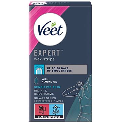 Veet Expert Haarentfernungs-Wachsstreifen für Achselhöhlen und Bikini-Linie für Frauen, geeignet für empfindliche Haut, 30 Streifen mit natürlichen Arganöl-Finishing-Tüchern Veet Expert Haarentfernungs-Wachsstreifen für Achselhöhlen und Bikini-Linie für Frauen, geeignet für empfindliche Haut, 30 Streifen mit natürlichen Arganöl-Finishing-Tüchern