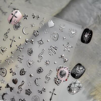 RENMTURE Nagelaufkleber 5D Relief Dark Gothic, Vintage Silber Motive – Kreuz & Erdbeere Musiknote, Selbstklebende Nageldekoration im Gothic-Stil (Silberne Erdbeere & Musiknote) RENMTURE Nagelaufkleber 5D Relief Dark Gothic, Vintage Silber Motive – Kreuz & Erdbeere Musiknote, Selbstklebende Nageldekoration im Gothic-Stil (Silberne Erdbeere & Musiknote)