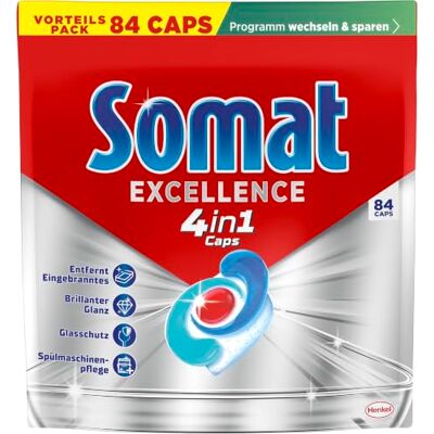 Somat Excellence 4in1 Caps (84 Caps), schnellauflösende Spülmaschinen Caps für brillanten Glanz auch im Niedrigtemperatur-, Kurz- & Eco-Programm, Caps entfernen kraftvoll Eingebranntes Somat Excellence 4in1 Caps (84 Caps), schnellauflösende Spülmaschinen Caps für brillanten Glanz auch im Niedrigtemperatur-, Kurz- & Eco-Programm, Caps entfernen kraftvoll Eingebranntes