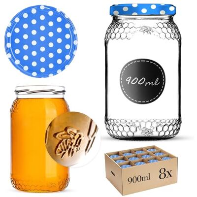 KADAX 8er Set Einmachgläser 900ml TO82 Blau gepunktet, Große Sturzgläser mit Schraubdeckel, Einkochgläser Fermentierglas für Gurken, Gemüse, Sauerteig KADAX 8er Set Einmachgläser 900ml TO82 Blau gepunktet, Große Sturzgläser mit Schraubdeckel, Einkochgläser Fermentierglas für Gurken, Gemüse, Sauerteig