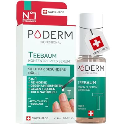 PODERM 5 in 1 Nagel Booster Serum Tea Tree Anti-Flecken & Reparaturpflege für Geschädigte Nägel 6 ML Nährt & Klärt 100% Natürliches Entwickelt von einem Podologen in der Schweiz PODERM 5 in 1 Nagel Booster Serum Tea Tree Anti-Flecken & Reparaturpflege für Geschädigte Nägel 6 ML Nährt & Klärt 100% Natürliches Entwickelt von einem Podologen in der Schweiz