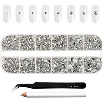 BEADSLAND Strasssteine für Nägel,Kristall Weiss,6 Größen Gemischt,2500 Stk Klare Strasssteine Kit,SS4-SS30,Glasmaterial,zum Basteln,Gesicht Edelsteine,mit Picking-Pinzette und Wachsstift BEADSLAND Strasssteine für Nägel,Kristall Weiss,6 Größen Gemischt,2500 Stk Klare Strasssteine Kit,SS4-SS30,Glasmaterial,zum Basteln,Gesicht Edelsteine,mit Picking-Pinzette und Wachsstift