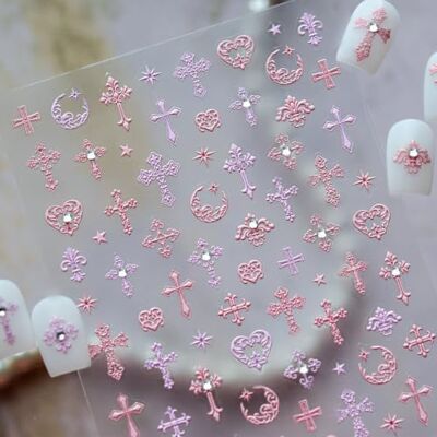 RENMTURE 5D-geprägte Rosa Kristallkreuz-Nagelaufkleber – Kreuz, Blumenverzierung & Stern Design, selbstklebende 3D-Struktur-Maniküre-Dekorationen (Rosa Kreuz) RENMTURE 5D-geprägte Rosa Kristallkreuz-Nagelaufkleber – Kreuz, Blumenverzierung & Stern Design, selbstklebende 3D-Struktur-Maniküre-Dekorationen (Rosa Kreuz)