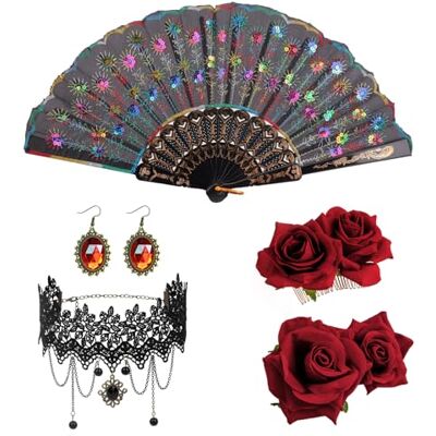 DRESHOW Haarspange mit Rosenblume Stoff ausgehöhlt Handheld Faltbar Fächer Set Haarschmuck für Damen Flamenco Tänzerin DRESHOW Haarspange mit Rosenblume Stoff ausgehöhlt Handheld Faltbar Fächer Set Haarschmuck für Damen Flamenco Tänzerin