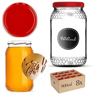 KADAX 8er Set Einmachgläser 900ml TO82 Rot, Große Sturzgläser mit Schraubdeckel, Einkochgläser Fermentierglas für Gurken, Gemüse, Sauerteig KADAX 8er Set Einmachgläser 900ml TO82 Rot, Große Sturzgläser mit Schraubdeckel, Einkochgläser Fermentierglas für Gurken, Gemüse, Sauerteig
