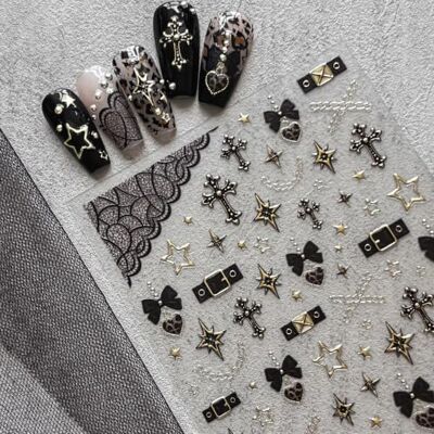 RENMTURE Nagelaufkleber 5D Relief Dark Gothic, Vintage Silber Motive – Kreuz & Erdbeere Musiknote, Selbstklebende Nageldekoration im Gothic-Stil (Goldfolien-Effekt Kreuz & Sterne) RENMTURE Nagelaufkleber 5D Relief Dark Gothic, Vintage Silber Motive – Kreuz & Erdbeere Musiknote, Selbstklebende Nageldekoration im Gothic-Stil (Goldfolien-Effekt Kreuz & Sterne)