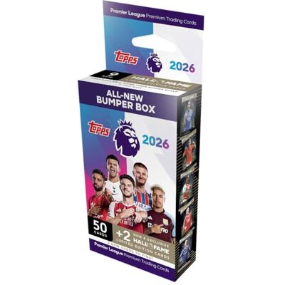 Topps Premier League 2026 Bumper Box enthält 50 Premier-League-Karten sowie 2 Exklusive Hall-of-Fame-Limited-Edition-Karten. Topps Premier League 2026 Bumper Box enthält 50 Premier-League-Karten sowie 2 Exklusive Hall-of-Fame-Limited-Edition-Karten.