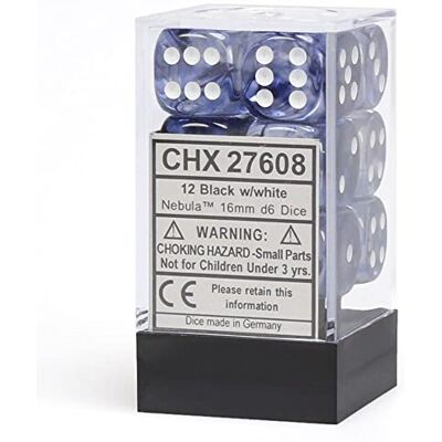 Chessex 16mm d6 with pips Dice Blocks (12 Dice) Nebula Black w/White Chessex 16mm d6 with pips Dice Blocks (12 Dice) Nebula Black w/White
