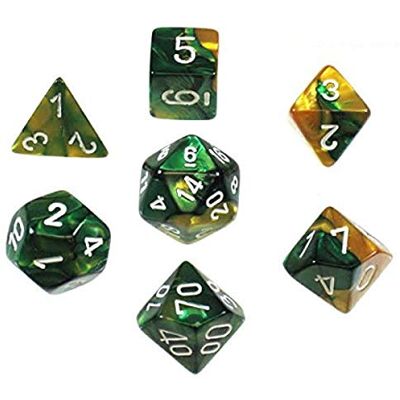 Chessex Gemini Polyhedral 7-Die Set Gold-Green w/White Chessex Gemini Polyhedral 7-Die Set Gold-Green w/White