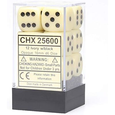 Chessex Opaque 16mm d6 with pips Dice Blocks (12 Dice) Ivory w/Black Chessex Opaque 16mm d6 with pips Dice Blocks (12 Dice) Ivory w/Black