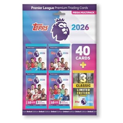 Topps Premier League 2026 Debüt-Edition Mega Multipack – enthält 40 Karten Plus 3 zufällige Classic LE-Karten. Topps Premier League 2026 Debüt-Edition Mega Multipack – enthält 40 Karten Plus 3 zufällige Classic LE-Karten.
