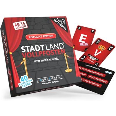 DENKRIESEN Bonuspack Stadt Land VOLLPFOSTEN Kartenspiel Rotlicht Edition 240 Kategorien für 3–6 Spieler ab 16 Jahren, Reise- und Partyspiel für Erwachsene mit kreativen Rotlicht-Kategorien. DENKRIESEN Bonuspack Stadt Land VOLLPFOSTEN Kartenspiel Rotlicht Edition 240 Kategorien für 3–6 Spieler ab 16 Jahren, Reise- und Partyspiel für Erwachsene mit kreativen Rotlicht-Kategorien.