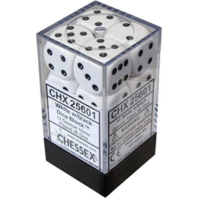 Chessex Opaque 16mm d6 with pips Dice Blocks (12 Dice) White w/Black Chessex Opaque 16mm d6 with pips Dice Blocks (12 Dice) White w/Black
