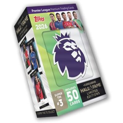 Topps Premier League 2026 Debüt-Edition Super Tin #3. Enthält 50 Karten Plus 3 Hall of Fame LE-Karten. Topps Premier League 2026 Debüt-Edition Super Tin #3. Enthält 50 Karten Plus 3 Hall of Fame LE-Karten.