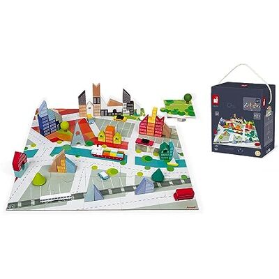 Janod Kubix 60 Bausteine + 20-teiliges Puzzle Stadt Holzbausteine aus Massivholz + Puzzle Lernspiel mit Spielmatte als Unterlage Ab 3 Jahren, J08304 Janod Kubix 60 Bausteine + 20-teiliges Puzzle Stadt Holzbausteine aus Massivholz + Puzzle Lernspiel mit Spielmatte als Unterlage Ab 3 Jahren, J08304
