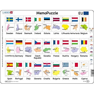 Larsen GP2 MemoPuzzle: Namen, Flaggen und Hauptstädte von 27 EU-Mitgliedsstaaten, Englisch Ausgabe, Rahmenpuzzle mit 54 Teilen Larsen GP2 MemoPuzzle: Namen, Flaggen und Hauptstädte von 27 EU-Mitgliedsstaaten, Englisch Ausgabe, Rahmenpuzzle mit 54 Teilen