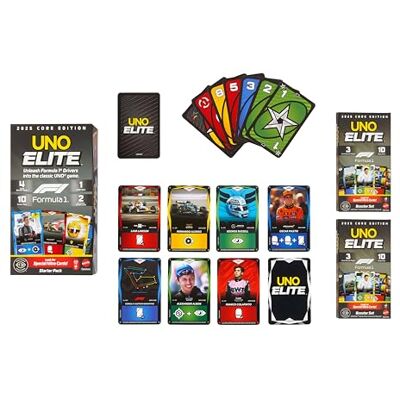 Mattel UNO Elite Formel 1 2025 Booster Set 2er-Pack, ab 7 Jahren Enthält 60 thematische Elite-Aktionskarten für Kinder, Teens & Familie, 2-5 Spieler, JLV45 Mattel UNO Elite Formel 1 2025 Booster Set 2er-Pack, ab 7 Jahren Enthält 60 thematische Elite-Aktionskarten für Kinder, Teens & Familie, 2-5 Spieler, JLV45