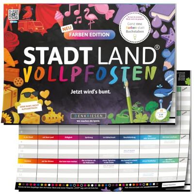 DENKRIESEN Stadt Land VOLLPFOSTEN Farben Edition DIN A4 Spielblock Kreatives Wortspiel und Gesellschaftsspiel für 2+ Spieler ab 9 Jahren bunten Kategorien für Familie, Freunde & Spieleabende DENKRIESEN Stadt Land VOLLPFOSTEN Farben Edition DIN A4 Spielblock Kreatives Wortspiel und Gesellschaftsspiel für 2+ Spieler ab 9 Jahren bunten Kategorien für Familie, Freunde & Spieleabende