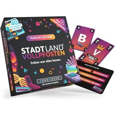 DENKRIESEN Bonuspack Stadt Land VOLLPFOSTEN Kartenspiel 70/80/90 Edition 240 Kategorien für 3–6 Spieler ab 8 Jahren, Reise- und Partyspiel im Stadt-Land-Fluss-Stil für Fans der 70er, 80er und 90er. DENKRIESEN Bonuspack Stadt Land VOLLPFOSTEN Kartenspiel 70/80/90 Edition 240 Kategorien für 3–6 Spieler ab 8 Jahren, Reise- und Partyspiel im Stadt-Land-Fluss-Stil für Fans der 70er, 80er und 90er.