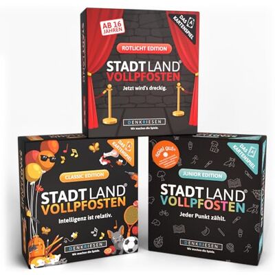 DENKRIESEN Stadt Land VOLLPFOSTEN Trio Junior Classic Rotlicht Drei abwechslungsreiche Kartenspiele und Familienspiele mit kreativen Kategorien für Kinder und Familien. DENKRIESEN Stadt Land VOLLPFOSTEN Trio Junior Classic Rotlicht Drei abwechslungsreiche Kartenspiele und Familienspiele mit kreativen Kategorien für Kinder und Familien.
