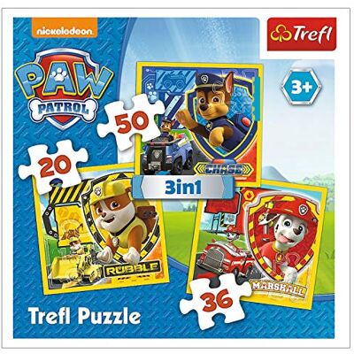 Trefl , Puzzle, Marshall, Rubble und Chase, PAW Patrol, von 20 bis 50 Teilen, 3 Sets, für Kinder ab 3 Jahren Trefl , Puzzle, Marshall, Rubble und Chase, PAW Patrol, von 20 bis 50 Teilen, 3 Sets, für Kinder ab 3 Jahren