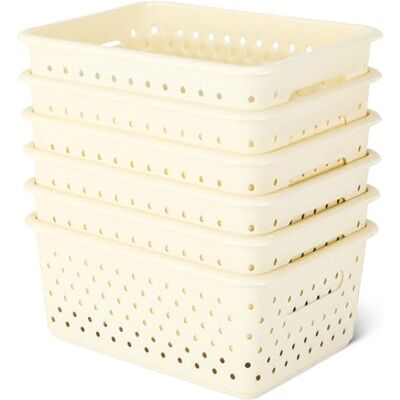 Amazon Dekorative Aufbewahrungskörbe aus BPA-freiem Kunststoff, 25,2 cm x 18,8 cm x 10,56 cm, Elfenbeinfarben, 6er-Pack Amazon Dekorative Aufbewahrungskörbe aus BPA-freiem Kunststoff, 25,2 cm x 18,8 cm x 10,56 cm, Elfenbeinfarben, 6er-Pack