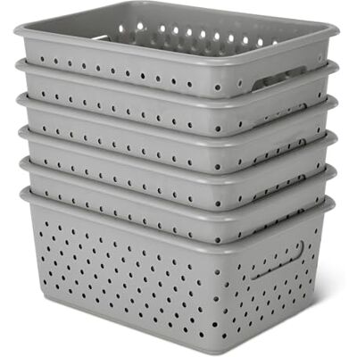 Amazon Dekorative Aufbewahrungskörbe aus BPA-freiem Kunststoff, 25,4 cm x 19,0 cm x 10,2 cm, Grau, 6er-Pack Amazon Dekorative Aufbewahrungskörbe aus BPA-freiem Kunststoff, 25,4 cm x 19,0 cm x 10,2 cm, Grau, 6er-Pack