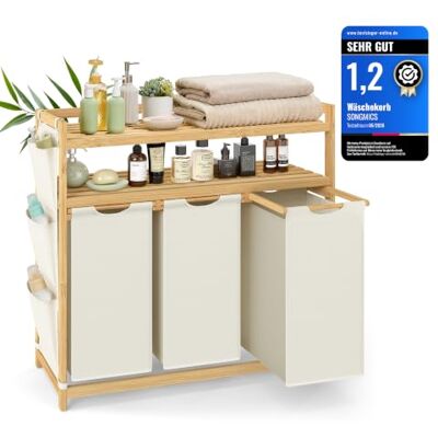 SONGMICS Wäschekorb 3 Fächer, Bambus, Wäschesammler 150 L, Wäschesortierer, mit Ablagen, Wäschesack, kleine seitliche Taschen, Wäscheregal, 3 x 50 L, 94 x 33 x 98 cm, cremeweiß RLH215W01 SONGMICS Wäschekorb 3 Fächer, Bambus, Wäschesammler 150 L, Wäschesortierer, mit Ablagen, Wäschesack, kleine seitliche Taschen, Wäscheregal, 3 x 50 L, 94 x 33 x 98 cm, cremeweiß RLH215W01