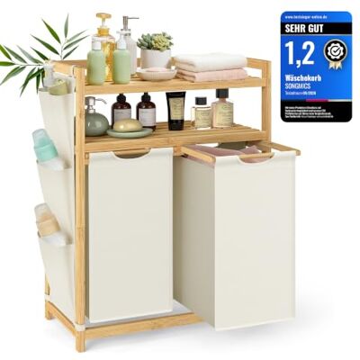 SONGMICS Wäschekorb 2 Fächer, Bambus, Wäschesammler 100 L, Wäschesortierer, mit Ablagen, Wäschesack, kleine seitliche Taschen, Wäscheregal, 2 x 50 L, 63 x 33 x 98 cm, cremeweiß RLH200W01 SONGMICS Wäschekorb 2 Fächer, Bambus, Wäschesammler 100 L, Wäschesortierer, mit Ablagen, Wäschesack, kleine seitliche Taschen, Wäscheregal, 2 x 50 L, 63 x 33 x 98 cm, cremeweiß RLH200W01