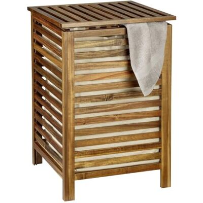 WENKO Wäschetruhe Mod. Fondi 56 L aus massivem Akazienholz mit Deckel und herausnehmbarem Wäschesack 34 x 50 x 38 cm Farbe Braun Creme Maße 45 x 65 x 45 cm WENKO Wäschetruhe Mod. Fondi 56 L aus massivem Akazienholz mit Deckel und herausnehmbarem Wäschesack 34 x 50 x 38 cm Farbe Braun Creme Maße 45 x 65 x 45 cm