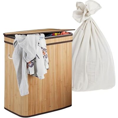 Relaxdays Wäschekorb mit Deckel, 2 Fächer, Bambus, 100 l, faltbar, HxBxT: 60 x 52 x 32 cm, Wäsche Sortiersystem, Natur Relaxdays Wäschekorb mit Deckel, 2 Fächer, Bambus, 100 l, faltbar, HxBxT: 60 x 52 x 32 cm, Wäsche Sortiersystem, Natur