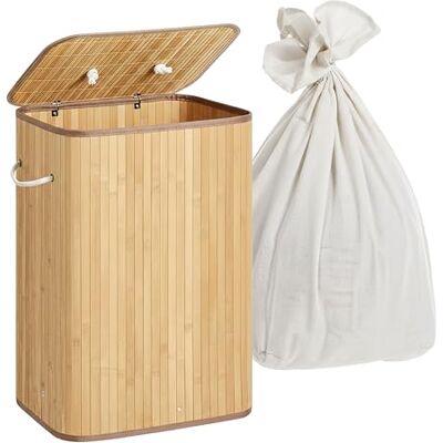 Relaxdays Wäschekorb mit Deckel, 2 Fächer, Bambus, 105 l, faltbar, HxBxT: 63 x 52 x 32 cm, Wäsche Sortiersystem, Natur Relaxdays Wäschekorb mit Deckel, 2 Fächer, Bambus, 105 l, faltbar, HxBxT: 63 x 52 x 32 cm, Wäsche Sortiersystem, Natur