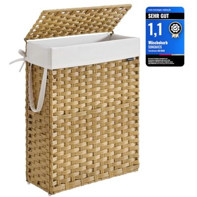 SONGMICS Wäschekorb schmal, Wäschesammler 55 L, Wäschebox aus synthetischem Rattan, mit Deckel und Griffen, geflochten, faltbar, herausnehmbarer Wäschesack, pastellgelb LCB164N01 SONGMICS Wäschekorb schmal, Wäschesammler 55 L, Wäschebox aus synthetischem Rattan, mit Deckel und Griffen, geflochten, faltbar, herausnehmbarer Wäschesack, pastellgelb LCB164N01