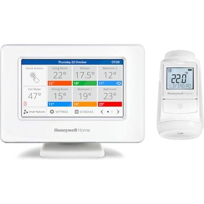 Honeywell Evohome Apartment Plus Lösung, Smart Wi-Fi Zentrales Bediengerät Wi-Fi mit Touchscreen-Farbdisplay und Heizkörperthermostat (1) Raum für Raum, kontrollierter Komfort, einfach Honeywell Evohome Apartment Plus Lösung, Smart Wi-Fi Zentrales Bediengerät Wi-Fi mit Touchscreen-Farbdisplay und Heizkörperthermostat (1) Raum für Raum, kontrollierter Komfort, einfach