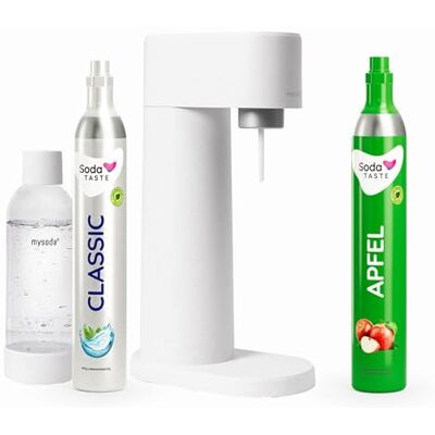 SodaTASTE Sparpaket: Mysoda Woody Wassersprudler aus erneuerbarem Holzkomposit mit 1L BPA-freier Plastikflasche, CO2-Zylinder Classic + CO2-Zylinder Apfel (Weiß) SodaTASTE Sparpaket: Mysoda Woody Wassersprudler aus erneuerbarem Holzkomposit mit 1L BPA-freier Plastikflasche, CO2-Zylinder Classic + CO2-Zylinder Apfel (Weiß)