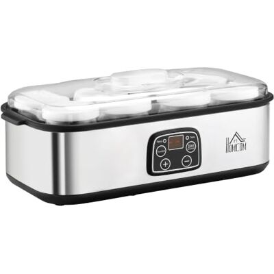 HOMCOM Joghurtbereiter Griechische Joghurtmaschine mit Deckel 25 W Silber 8 BPA-freie Glas-Innenbehälter à 180 ml, Joghurt Maker mit LCD Display Timer, Bis zu 1,4 Liter Joghurt HOMCOM Joghurtbereiter Griechische Joghurtmaschine mit Deckel 25 W Silber 8 BPA-freie Glas-Innenbehälter à 180 ml, Joghurt Maker mit LCD Display Timer, Bis zu 1,4 Liter Joghurt