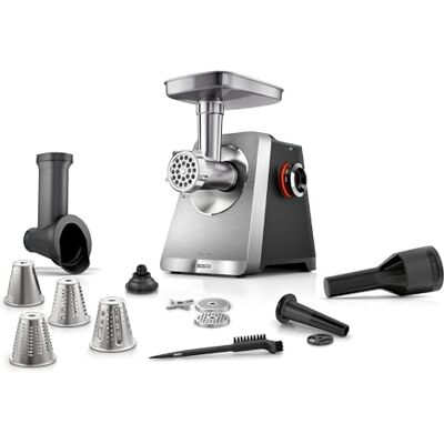 Bosch Fleischwolf Serie 8, 3 Lochscheiben (3/4,5 / 8mm), Edelstahl, spülmaschinenfest, Kebbe- & Wurst-Aufsatz, Durchlaufschnitzler, Motorblockleistung 2.500 W, elektrisch, MultiPower MFWS840M Bosch Fleischwolf Serie 8, 3 Lochscheiben (3/4,5 / 8mm), Edelstahl, spülmaschinenfest, Kebbe- & Wurst-Aufsatz, Durchlaufschnitzler, Motorblockleistung 2.500 W, elektrisch, MultiPower MFWS840M