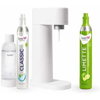 SodaTASTE Sparpaket: Mysoda Woody Wassersprudler aus erneuerbarem Holzkomposit mit 1L BPA-freier Plastikflasche, CO2-Zylinder Classic + CO2-Zylinder Limette (Weiß) SodaTASTE Sparpaket: Mysoda Woody Wassersprudler aus erneuerbarem Holzkomposit mit 1L BPA-freier Plastikflasche, CO2-Zylinder Classic + CO2-Zylinder Limette (Weiß)