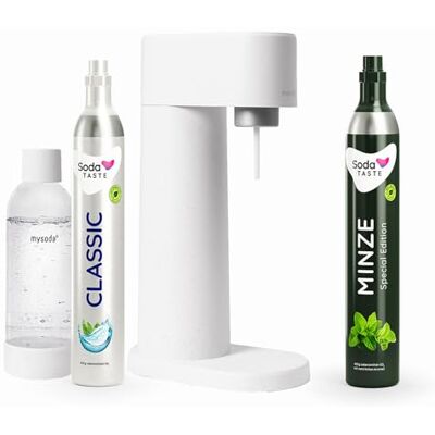 SodaTASTE Sparpaket: Mysoda Woody Wassersprudler aus erneuerbarem Holzkomposit mit 1L BPA-freier Plastikflasche, CO2-Zylinder Classic + CO2-Zylinder Minze (Weiß) SodaTASTE Sparpaket: Mysoda Woody Wassersprudler aus erneuerbarem Holzkomposit mit 1L BPA-freier Plastikflasche, CO2-Zylinder Classic + CO2-Zylinder Minze (Weiß)