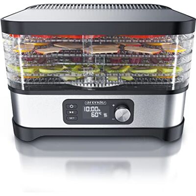 Arendo Dörrautomat 400 W, Dehydrator 5 Etagen, Timer bis 24 h, 35 bis 70 °C Dörrgerät, Trockner für Obst, Gemüse, Fleisch und Kräuter, Temperaturregler, zwei Höhen je Fach, Edelstahl-Applikation Arendo Dörrautomat 400 W, Dehydrator 5 Etagen, Timer bis 24 h, 35 bis 70 °C Dörrgerät, Trockner für Obst, Gemüse, Fleisch und Kräuter, Temperaturregler, zwei Höhen je Fach, Edelstahl-Applikation