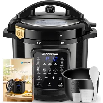 Aigostar Schnellkochtopf 6L, Multikocher Edelstahl Electric Pressure Cooker 18-in-1 Druckkocher mit 1000W für Familien, 3 Druckstufen & 24h Timer, Inkl. Farbigem Rezeptbuch, Leichte Reinigung Aigostar Schnellkochtopf 6L, Multikocher Edelstahl Electric Pressure Cooker 18-in-1 Druckkocher mit 1000W für Familien, 3 Druckstufen & 24h Timer, Inkl. Farbigem Rezeptbuch, Leichte Reinigung