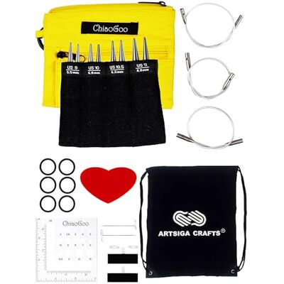 chiaogoo Twist Red Lace Shorties 7230-L austauschbares Stricknadel-Set, 7,6 cm, Edelstahl, Größe 9, 10, 10,5, 11, mit 3 Swiv360-Kabeln, mit Projekttasche chiaogoo Twist Red Lace Shorties 7230-L austauschbares Stricknadel-Set, 7,6 cm, Edelstahl, Größe 9, 10, 10,5, 11, mit 3 Swiv360-Kabeln, mit Projekttasche