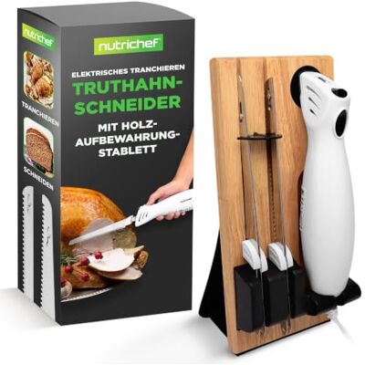 NutriChef Elektromesser mit Holzständer, elektrisches Tranchiermesser, Weiß 2 Edelstahlklingen für Fleisch, Braten, Geflügel, Schinken, Brot und Käse, Sicherheitsverriegelung, ergonomischer Griff NutriChef Elektromesser mit Holzständer, elektrisches Tranchiermesser, Weiß 2 Edelstahlklingen für Fleisch, Braten, Geflügel, Schinken, Brot und Käse, Sicherheitsverriegelung, ergonomischer Griff
