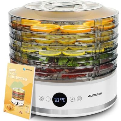 Aigostar Dörrautomat, LED-Anzeige, 5 höhenverstellbaren Tabletts, 48h-Timer, Dörrgerät mit "FAN"-Modus & einstellbarer Temperatur 35-70°C, leiser Betrieb, 380W, BPA-frei, Rezeptbuch inklusive Aigostar Dörrautomat, LED-Anzeige, 5 höhenverstellbaren Tabletts, 48h-Timer, Dörrgerät mit "FAN"-Modus & einstellbarer Temperatur 35-70°C, leiser Betrieb, 380W, BPA-frei, Rezeptbuch inklusive