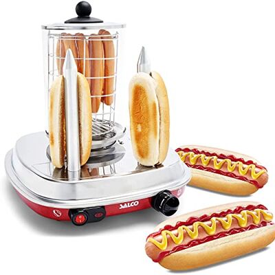 Salco Hot Dog Maker im Retro-Diner-Style 450W, Dampfgarer mit Thermo-Control, Heizspieße für 2 Brötchen Zylinderkapazität für 8 Würstchen, Gehäuse aus Metall, Glaszylinder & Edelstahlkorb Salco Hot Dog Maker im Retro-Diner-Style 450W, Dampfgarer mit Thermo-Control, Heizspieße für 2 Brötchen Zylinderkapazität für 8 Würstchen, Gehäuse aus Metall, Glaszylinder & Edelstahlkorb